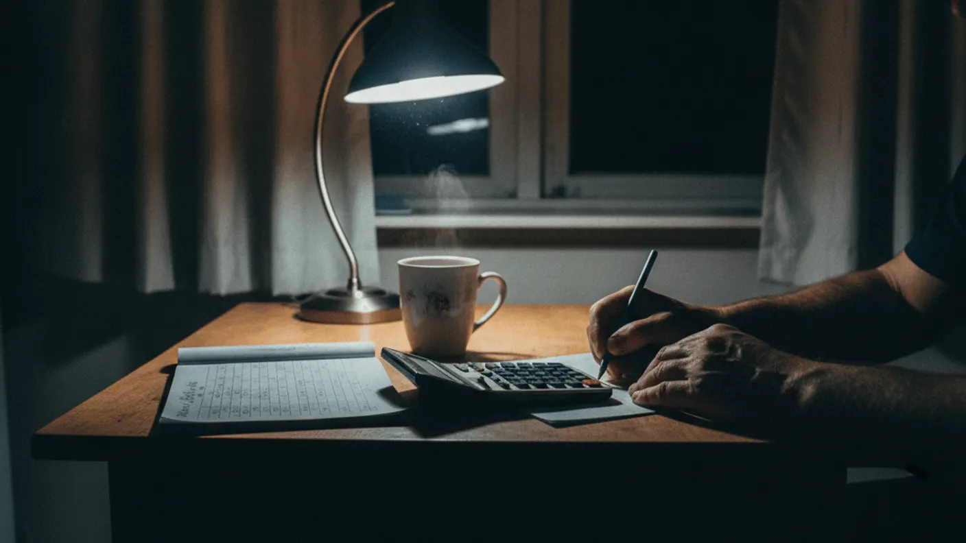 A person is sitting at a wooden kitchen table at night, working with a calculator and notepad by lamplight.