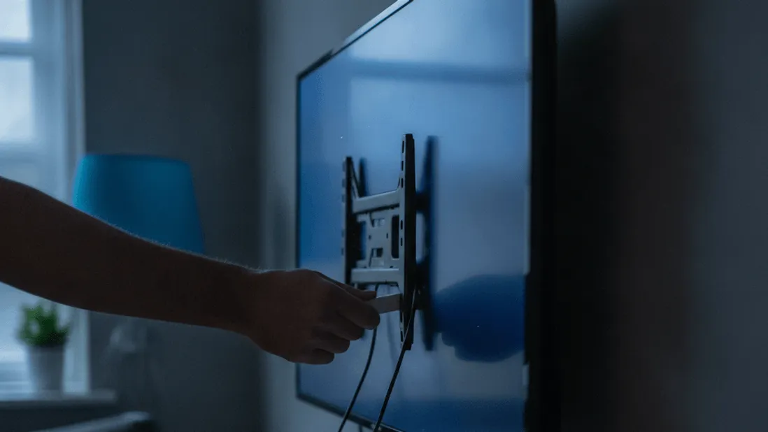 A man's hand inserts a streaming stick into a wall-mounted TV port, with cables and dust visible in blue-tinged ambient light.