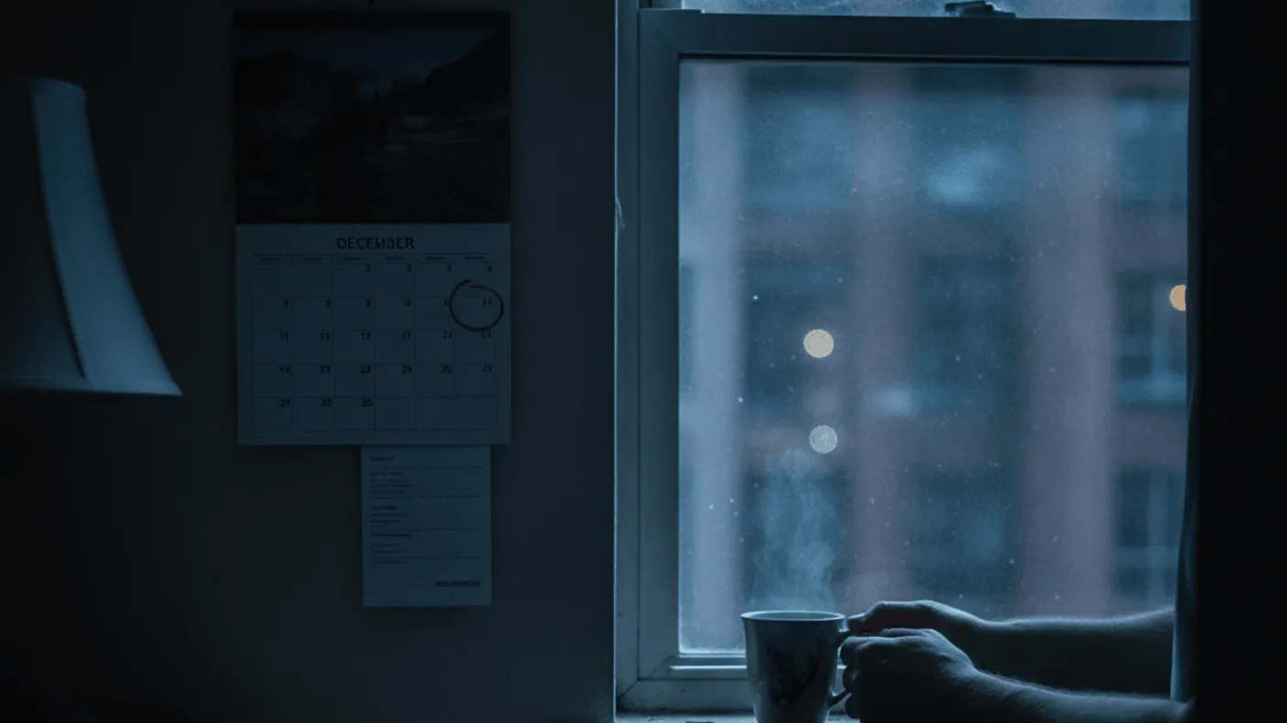 A person's hands hold a steaming mug on a windowsill beside a calendar, in a dimly lit room.