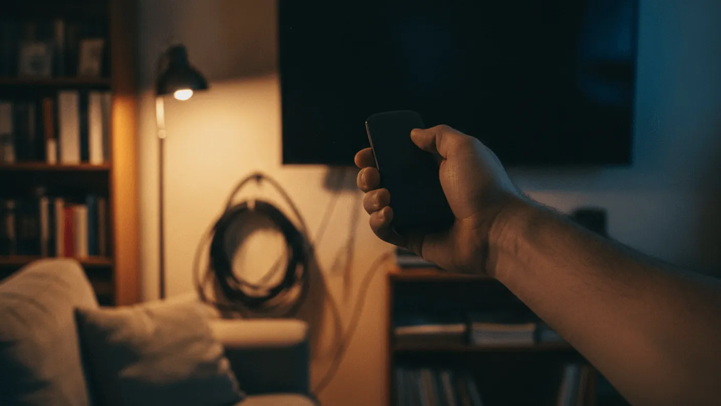 A hand holds a streaming remote in front of a dark television screen in a dimly lit living room at dusk.