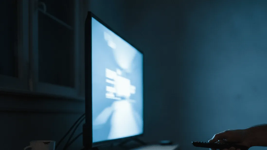 A hand holds a remote in front of a television and streaming box, with a mug on the console next to it.