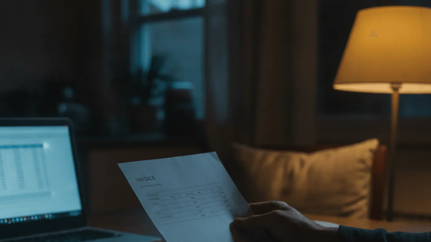 A hand holds a blank invoice in a dimly lit room, with a laptop, calculator, and pen on a table.