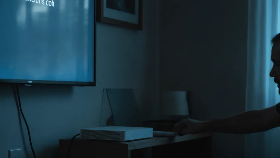 A documentary-style photograph of a streaming box on a shelf beneath a television, with a man's arm and head visible to the right.