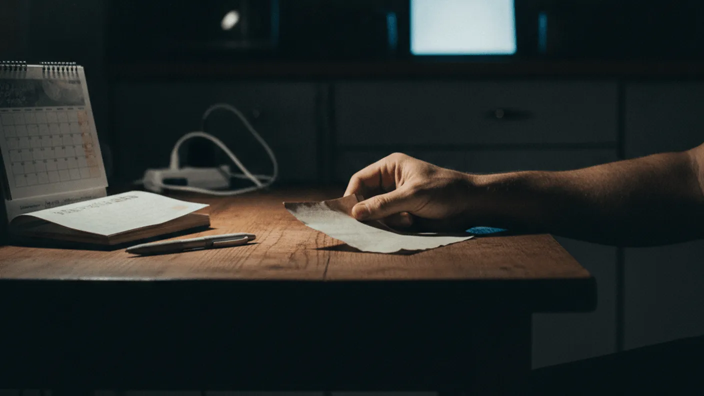 A man's hand holds a blank piece of paper over a wooden kitchen table at night, illuminated by a warm lamp.