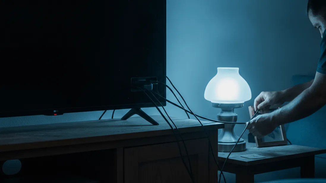 A man connects a streaming stick to a television in a dimly lit room with a blue cast from a lamp.