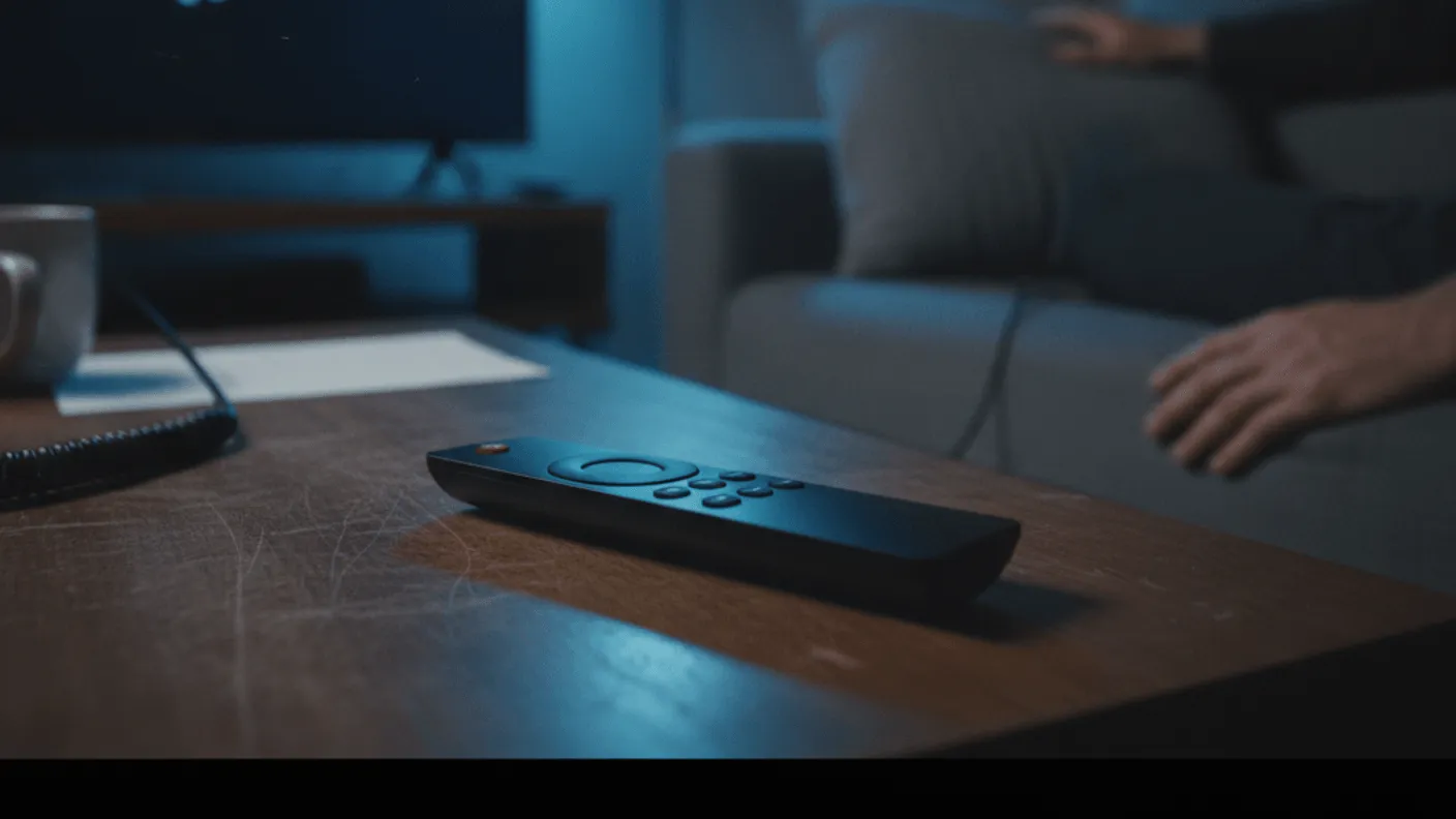 A remote control rests on a wooden coffee table, illuminated by the soft glow of a TV screen in a dim room.