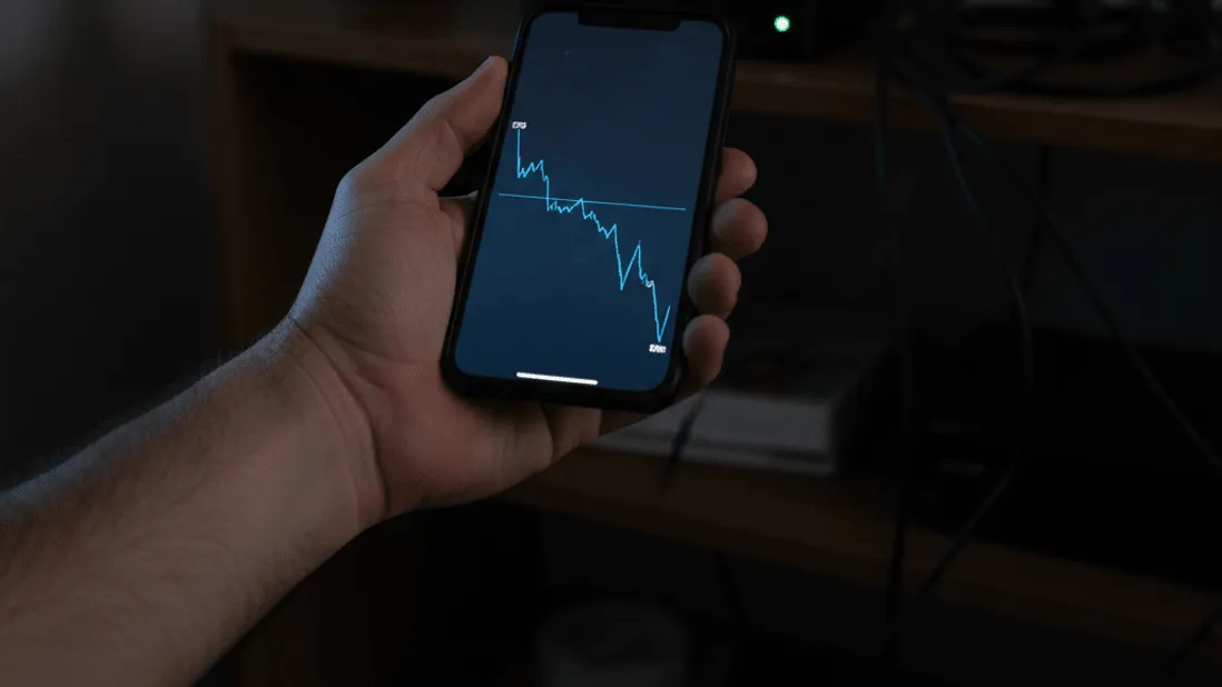 A hand holds a smartphone displaying a declining graph, with blurred electronics in the background.