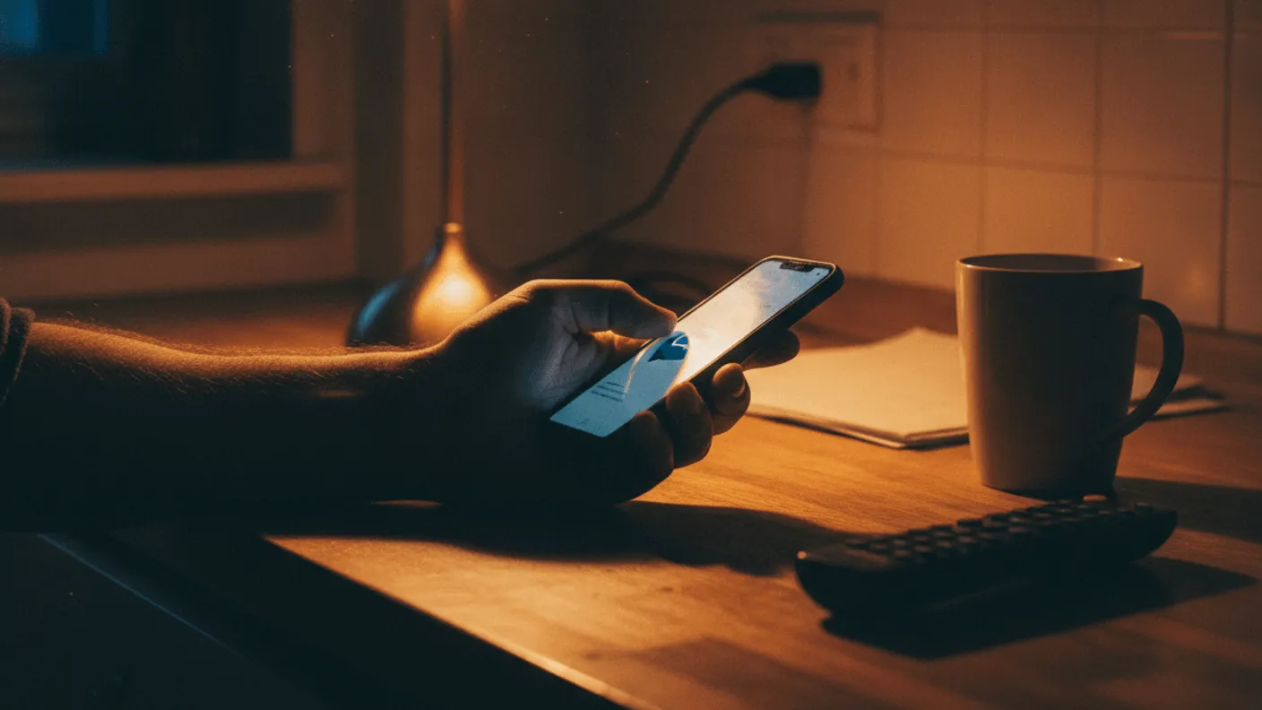 A hand holds a smartphone showing a blurred chat icon over a kitchen counter at night, with a mug and remote control nearby.