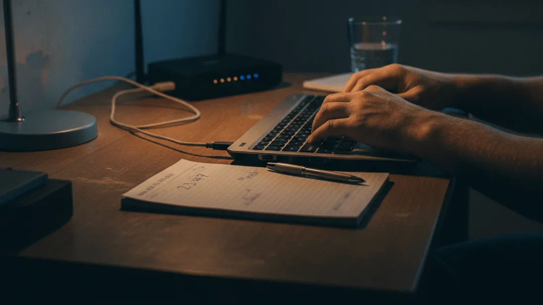 A man's hands type on a laptop keyboard at dusk, next to a notepad with a timestamp, illuminated by a desk lamp.