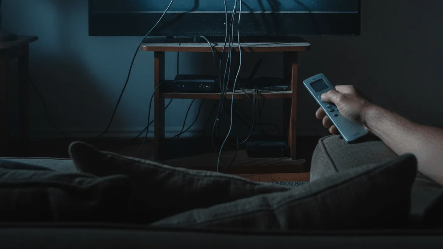 A remote control is held in a person's hand while facing a TV with a dongle partially plugged in.