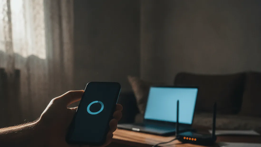 A hand holds a smartphone displaying a loading icon above a coffee table with a laptop and router.