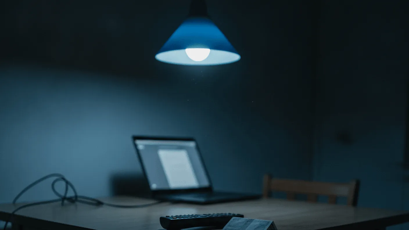 A television remote and a folded paper bill rest on a kitchen table at night, with a laptop in the background.