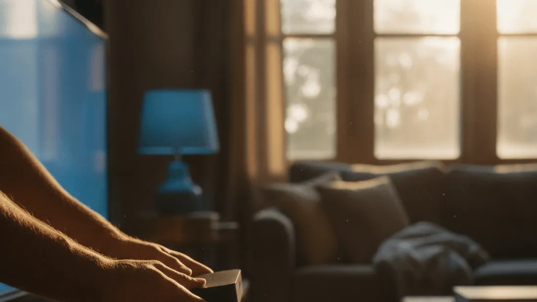 A man's hands hold a streaming box near a television stand with cables, illuminated by afternoon window light.