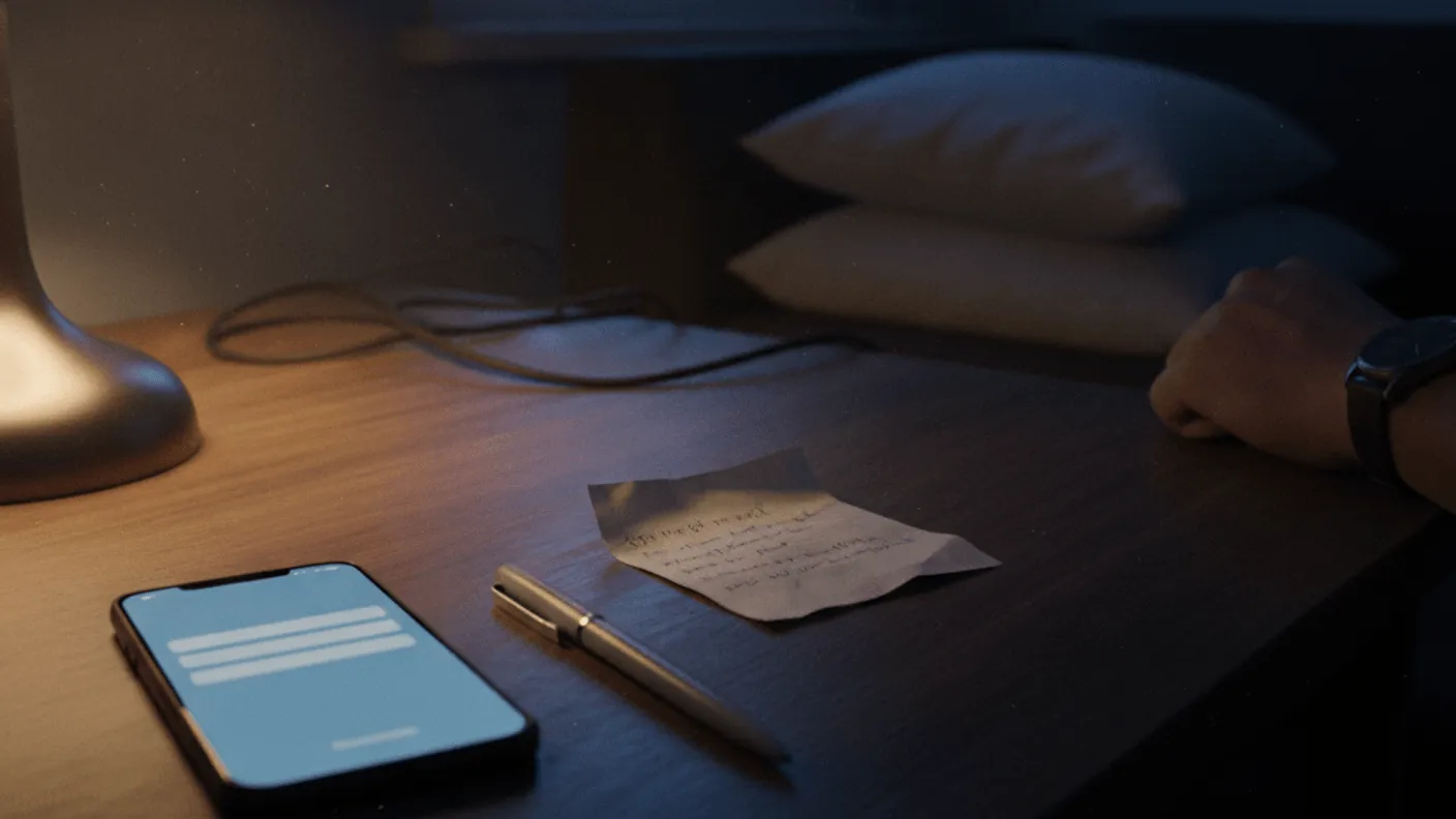 A smartphone, pen, and paper with server details sit on a wooden desk under evening lamplight.
