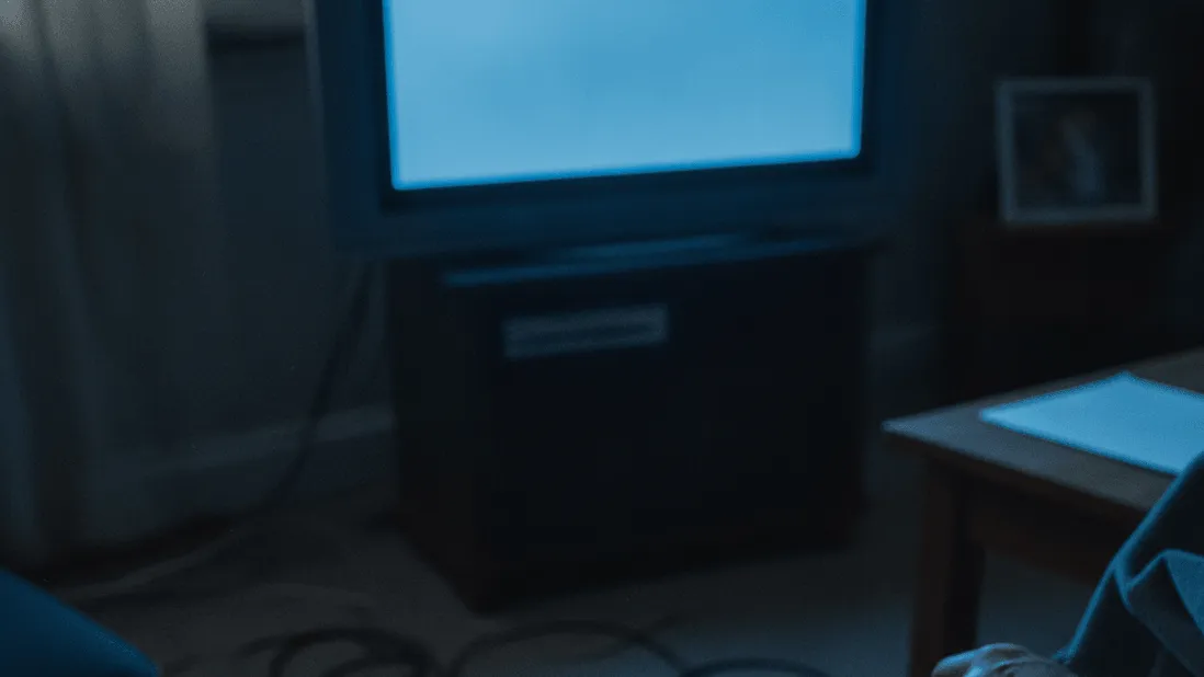 A television remote and streaming stick rest on a couch armrest, with a male hand visible nearby.