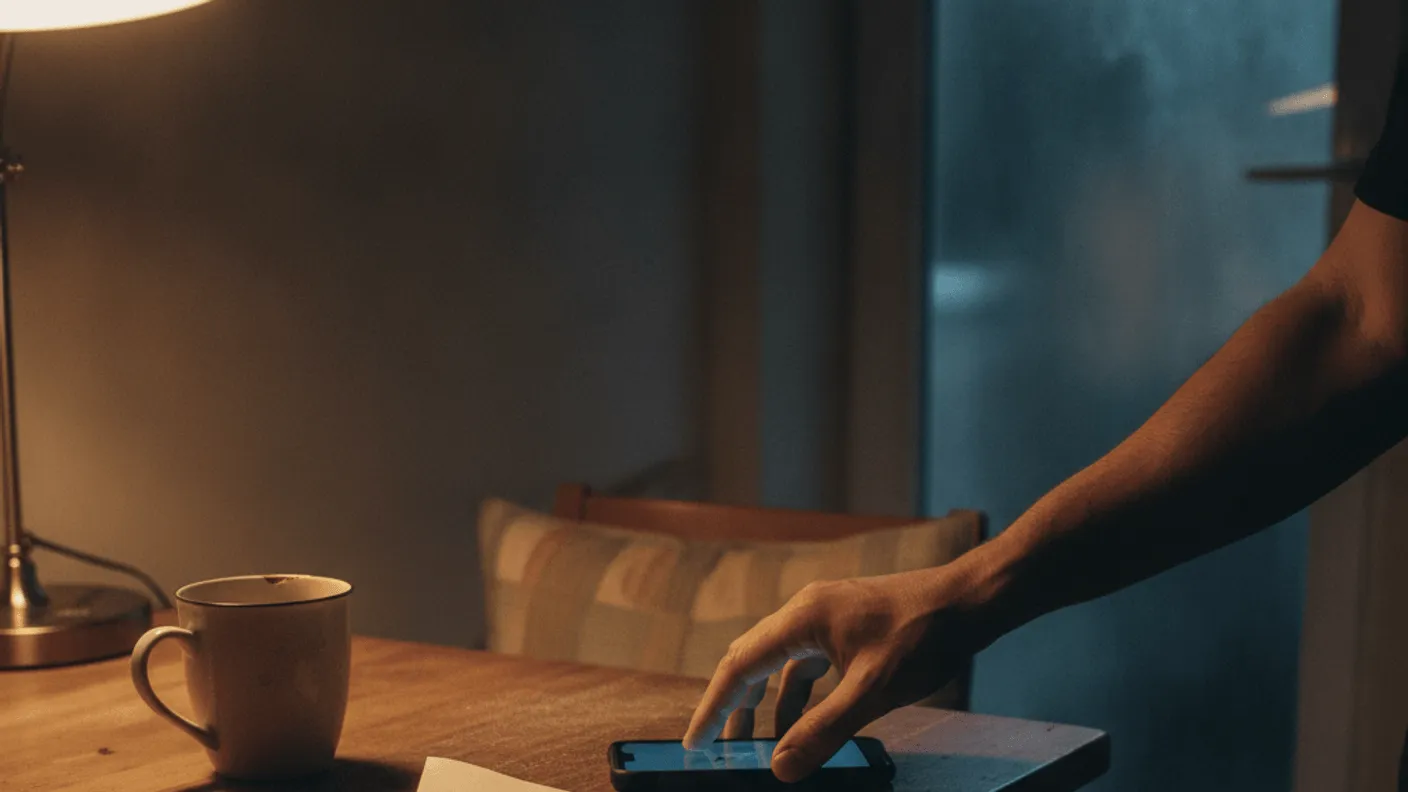 A man's hand reaches for a smartphone on a kitchen table at night, next to a coffee mug and a folded paper.