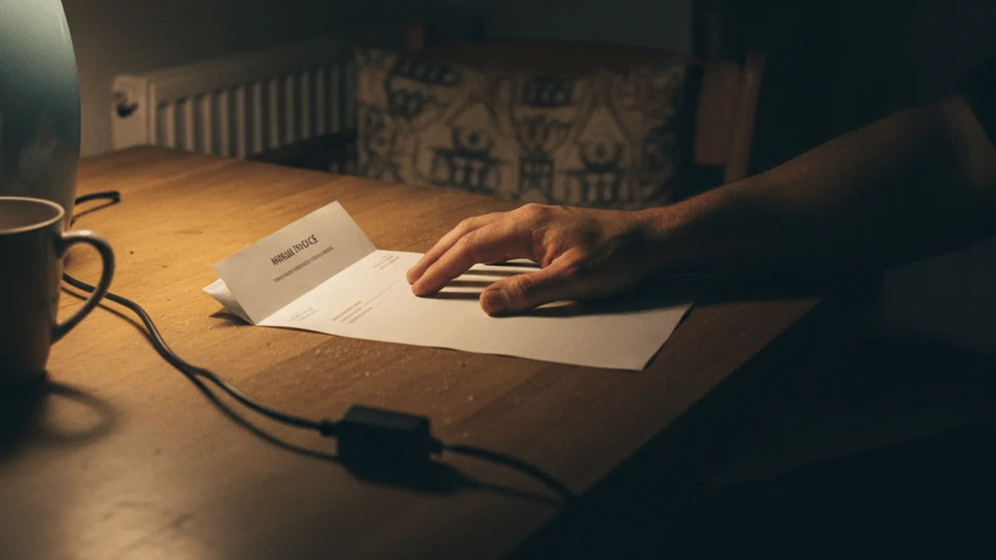 A hand rests near a kitchen table lamp, fingers hovering over an invoice beside a coffee mug, light on paper.