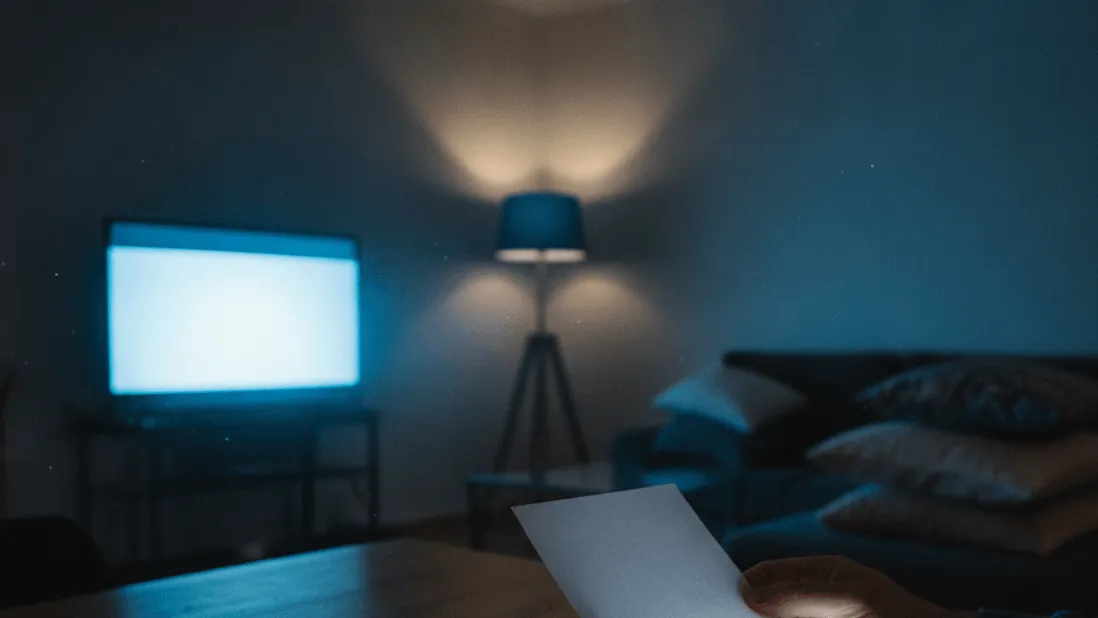 A man's hands hold a bill over a glowing tablet at a kitchen table in a dimly lit living room with a television.