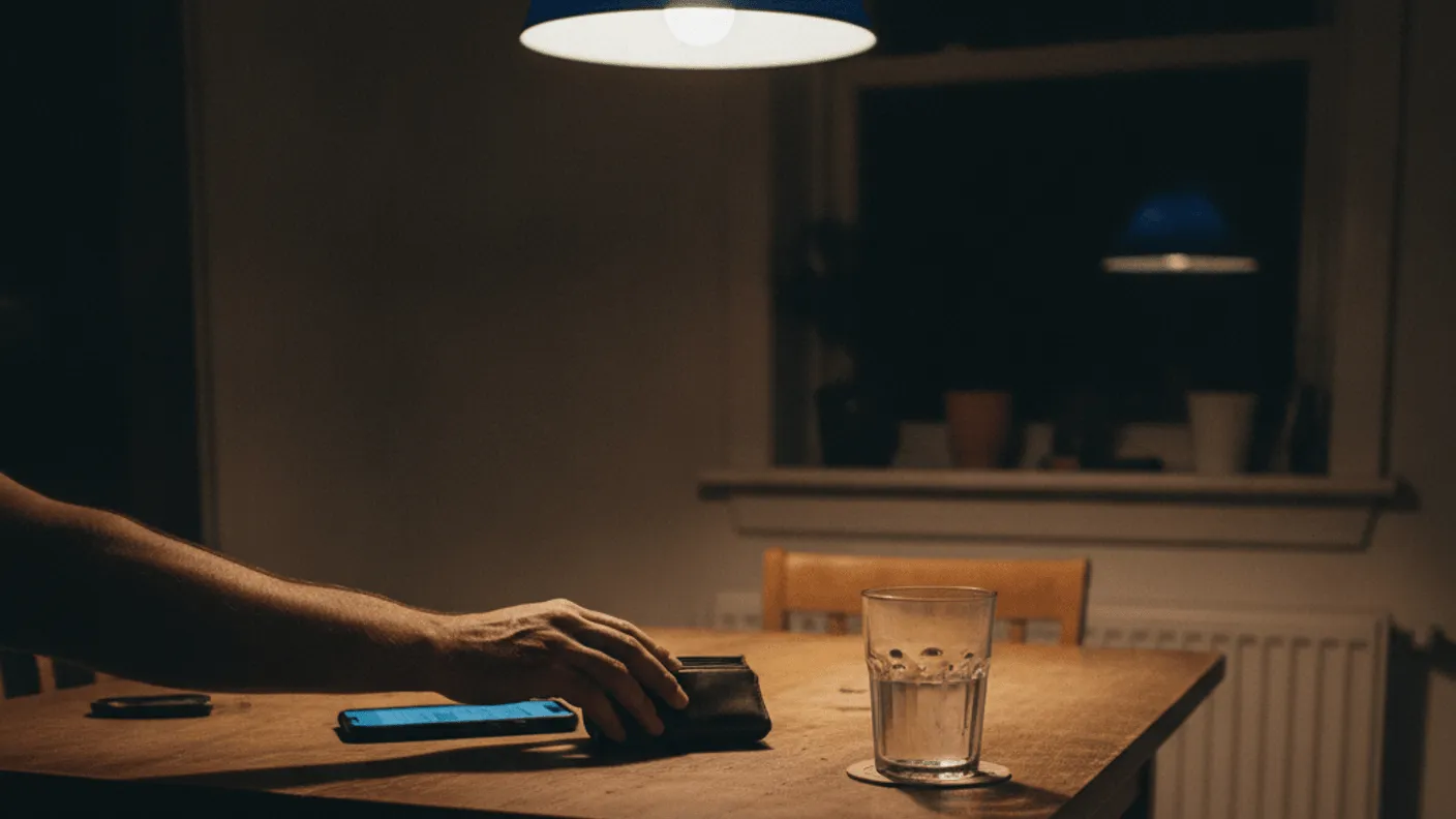 A hand reaches for a wallet on a kitchen table at night, next to a smartphone and a half-filled glass.