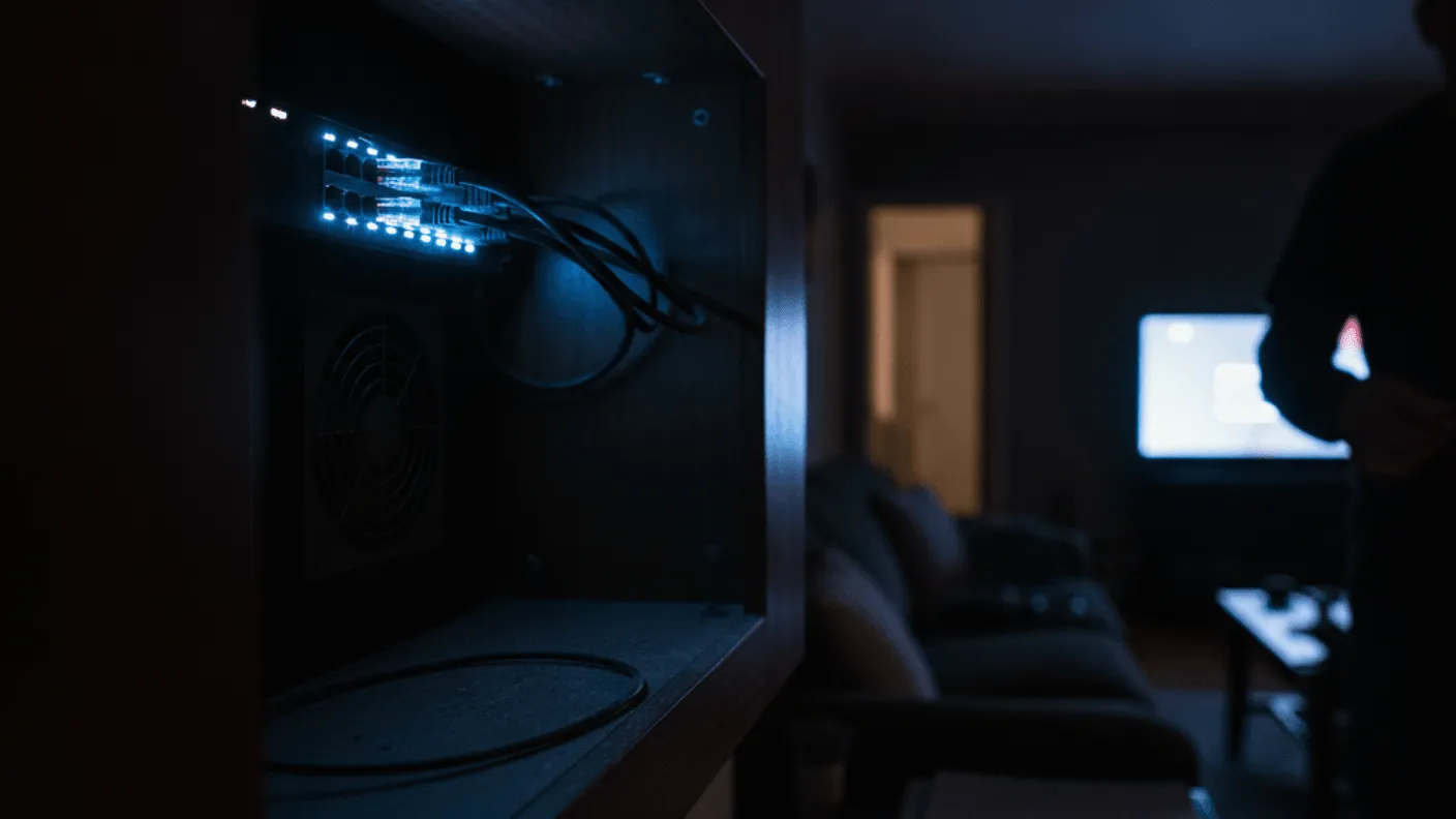 A wall-mounted network switch with glowing ports is visible in a dim cabinet, with a person and TV in the background.