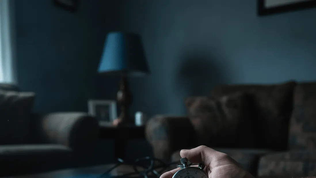 A hand holds a stopwatch over a coffee table with a remote control, reflecting the glow of a television screen.