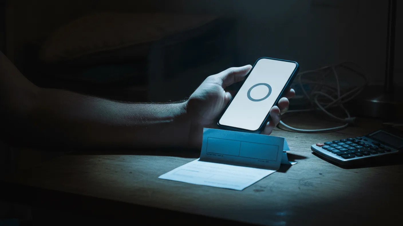 A hand holds a phone with a blank loading spinner, next to a bill and calculator on a kitchen table at night.