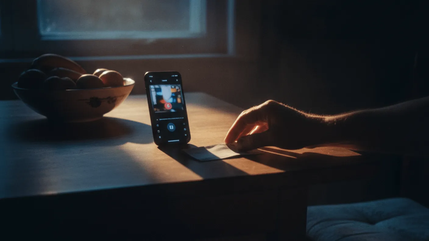 A man's hand rests next to a phone displaying a paused video and a bill on a kitchen table at evening.