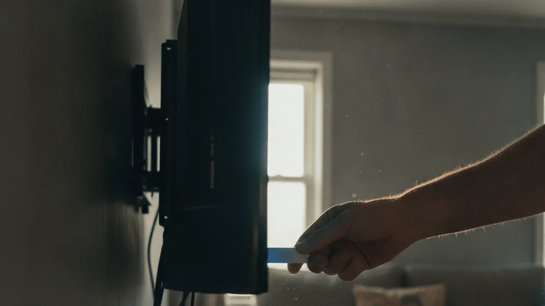 A hand inserts a streaming stick into the back of a wall-mounted television in a lived-in room.