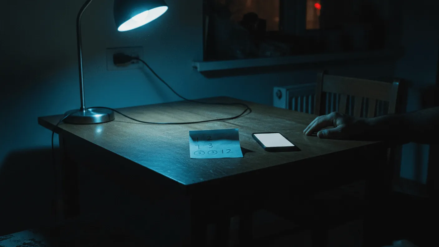 A dark kitchen table with a lamp, a smartphone, a handwritten note, and a person's hand.