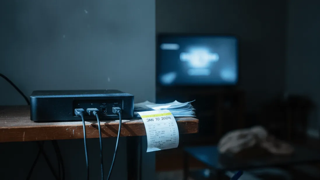 A person holds a marker near a streaming box on a shelf next to receipts, with a TV in the background.