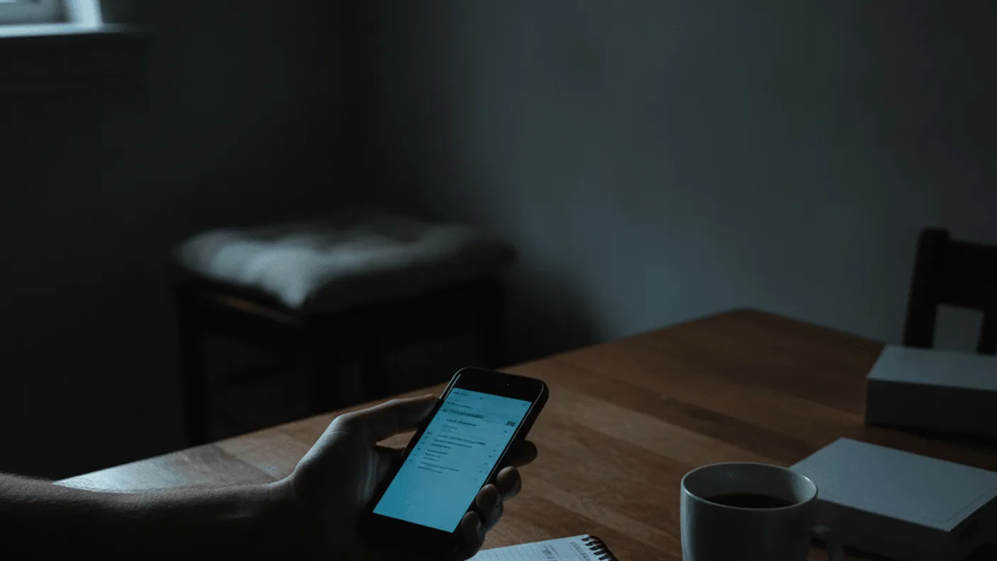 A hand holds a phone over a wooden table with a coffee mug, pen, and notepad with scribbled calculations.