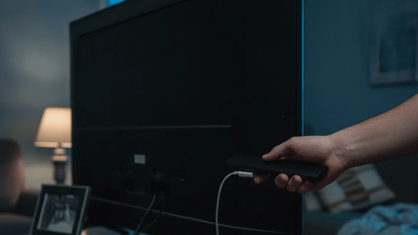 A hand holds a remote near a Firestick on a dusty media unit in a dimly lit room with blue cast.
