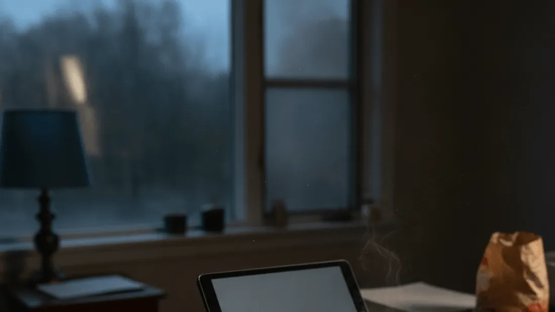 Hands hold a steaming mug beside a tablet with a blank screen on a kitchen counter, with a window and lamp in the background.