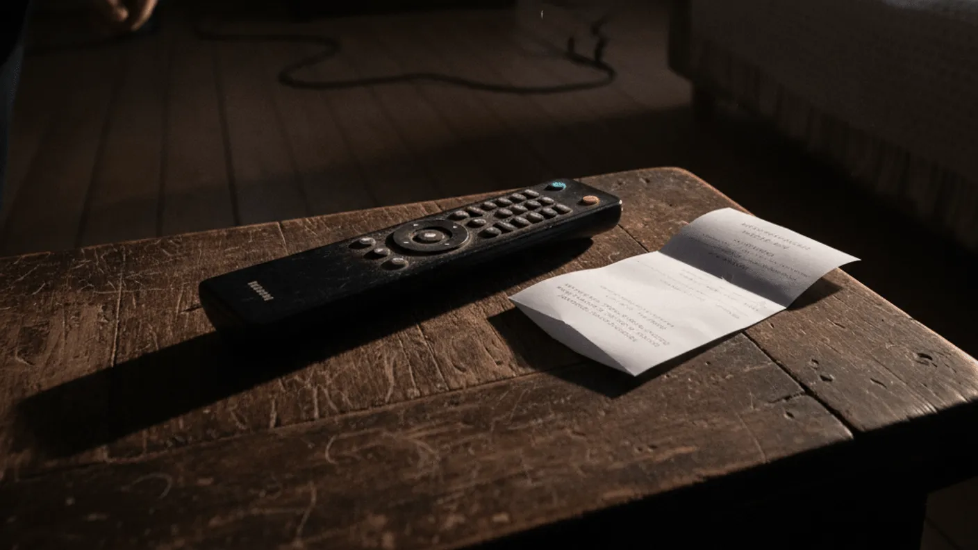A remote control and folded paper receipt rest on a coffee table in a dimly lit living room with a television in the background.
