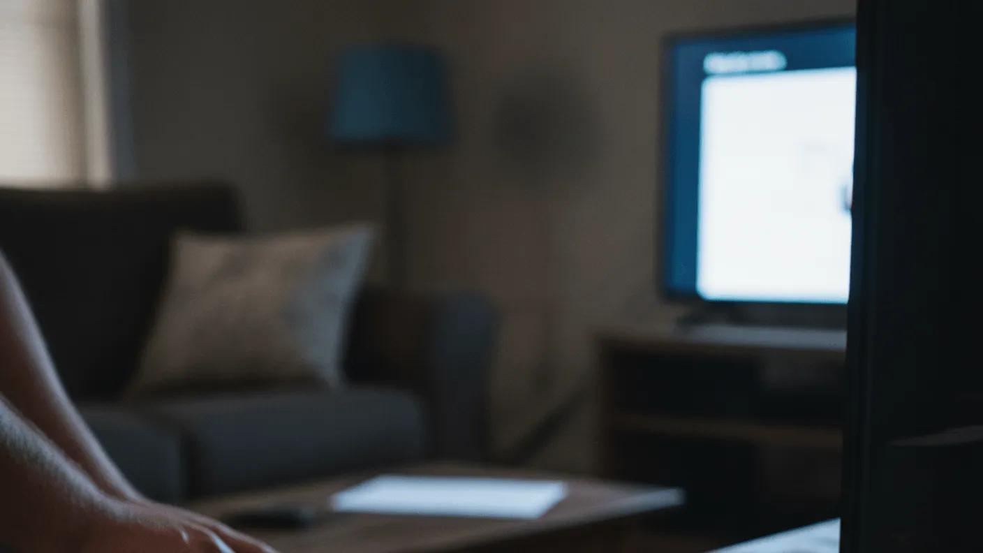 A black streaming box sits on a wooden shelf in a dimly lit room, with a person's hands holding a remote control.