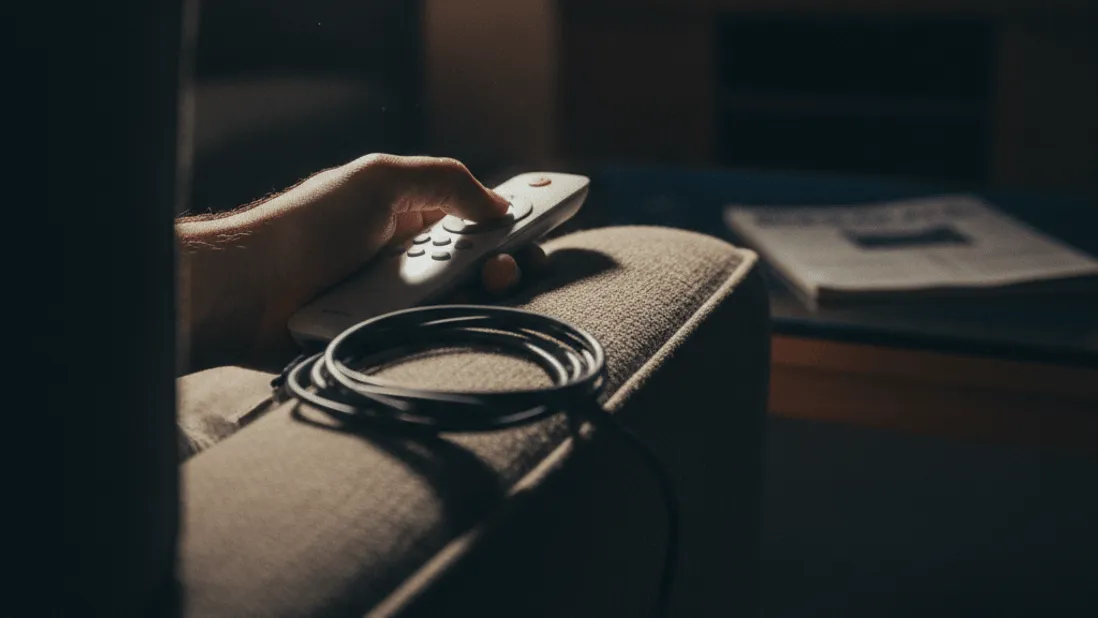 A man's hand holds a remote control beside a coiled cable on a fabric armchair in a dimly lit room.