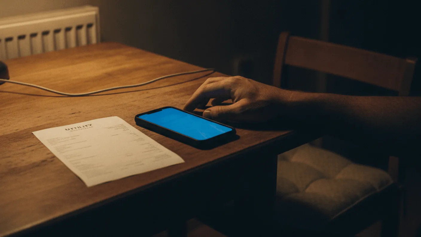 A man's hand rests next to a utility bill and a phone with a blue screen on a wooden table at night.