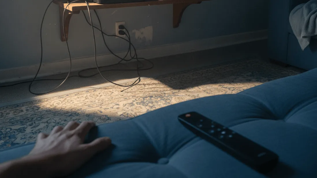 A person's hand rests on a sofa, with a remote control nearby, facing a streaming box and television in dim light.