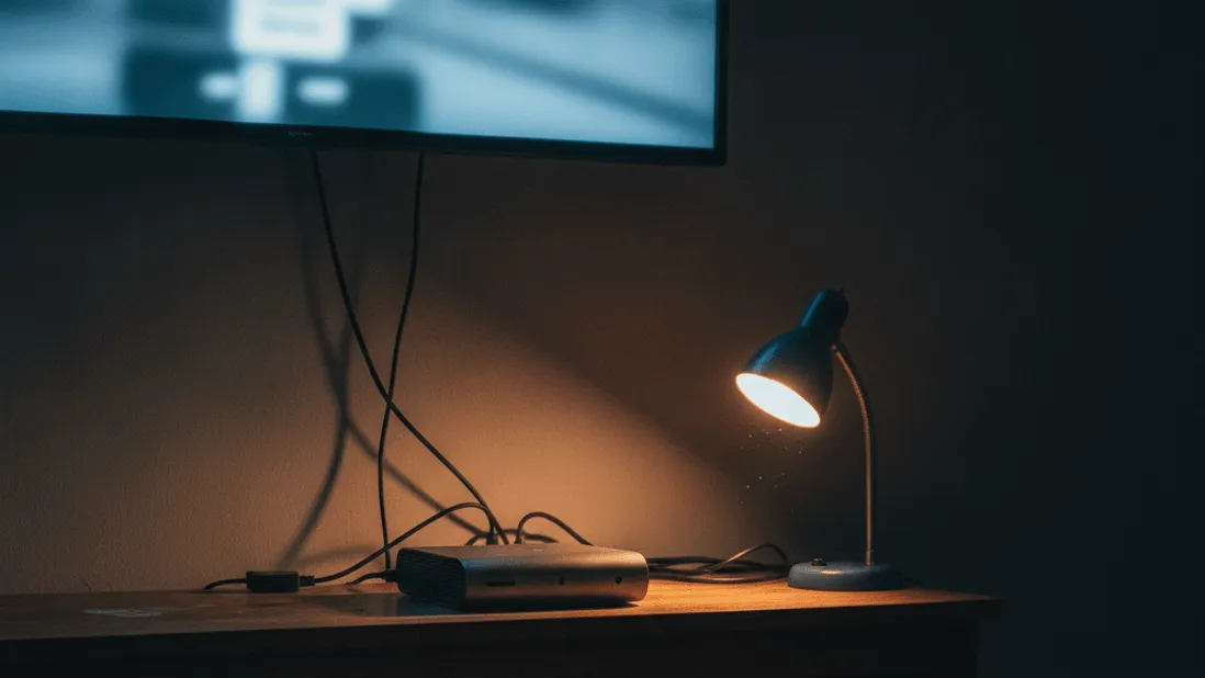 A close-up of a media console and a lamp on a shelf with a blurry TV screen above, a person sitting in the foreground.